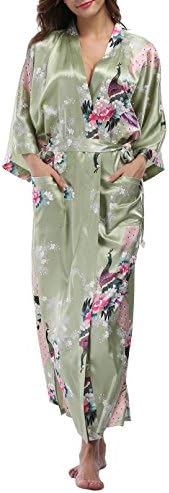 WitBuy Women's Kimono Robe Long Floral Wedding Robes for Bridesmaids Satin Silk Bathrobe Lightweight with Pockets