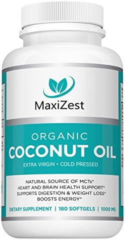 Extra Virgin Organic Coconut Oil Capsules 1000mg โ Enhances Skin Hair & Nails - Supports Heart & Brain Health, Digestion & Healthy Weight Loss - Natural Source of MCTs โ 180 Softgels