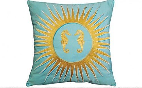 COASTAL NAUTICAL BEACH PILLOWS 20 X 20 Sun &amp; Seahorse - Glacier Blue Outdoor Sunbrella® Pillow Beautifully embroidered, contemporary, sun with seahorses pillow. Made with gold, silver and aqua threads on glacier blue Sunbrella outdoor canvas. Hidden zipper.