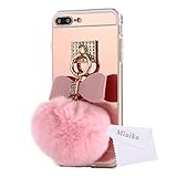 Mirror Ball iPhone 7 Plus Case for Women, Miniko(TM) Cute 3D Bunny Bling Fur Fluffy Pom Pom Keychain Furry PC & TPU Phone Case Back Cover With Mirror for Apple iPhone 7 Plus - Pink