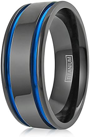 Ultra-Modern Flat 8mm Gunmetal Black Titanium Wedding Band w/ 2 Blue Stripes. For men and women. (Titanium (8mm), 11)