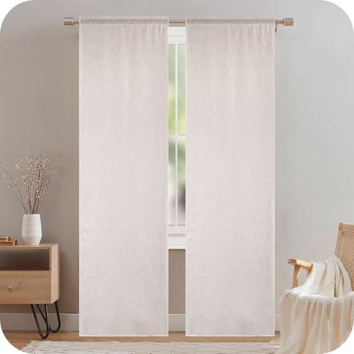 GIRASOLE HOME Pair of Crete Semi Filtering Curtains in Natural Faux Linen 2 Panels 55 x 220 cm with Pocket