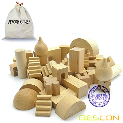 Original Wood Building Blocks Wooden Toys 52pcs Set with Canvas Carry Case, Baby Children Early Educational Enlightenment Toy, Natural Finishing