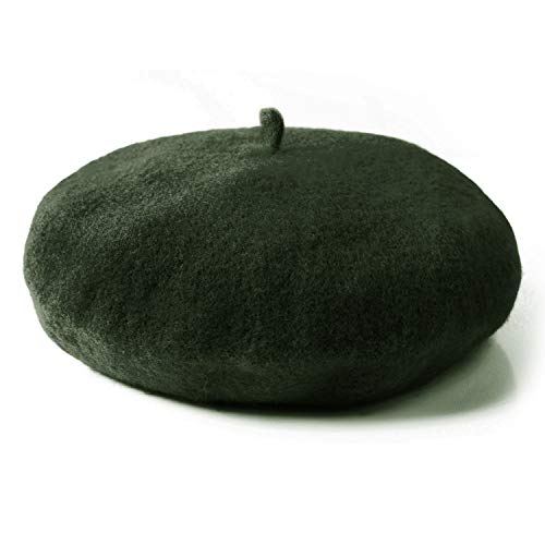 Wool Beret Hat Solid Color French Artist Beret with Skily Scarf and Brooch (Dark Green)