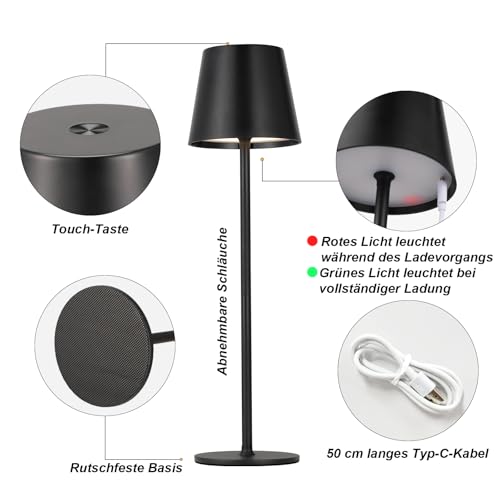 PreeOtti Wireless Table Lamp, Set of 2, Battery LED Table Lamp, Bedside Lamp, Touch Dimmable with 3 Colour Temperatures, Table Lamp with USB-C Rechargeable for Outdoor Bedside Table, Dining Table, Camping (Black)