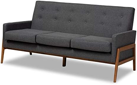 Baxton Studio Perris Mid-Century Modern Dark Grey Fabric Upholstered Walnut Finished Wood Sofa