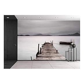Looking Over a Pier and a Boat, Low Saturation - Removable Wall Mural | Self-Adhesive Large Wallpaper - 66x96 inches