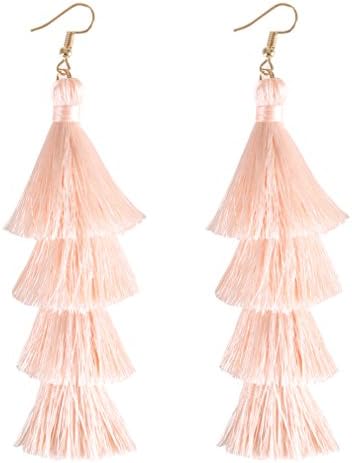 HSWE Tassel Earrings Hula Skirt Thread Tassel Eardrop Tiered Dangle Earrings Ivory