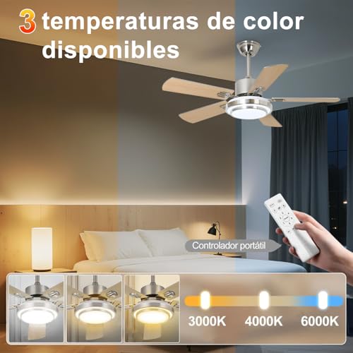 Ventilador de Techo con Luz LED 42" - Abanico de Techo Silencioso con Motor DC, 6 Velocidades, Aspas Reversibles (Madera/Plateado), Control Remoto, Ideal para Sala, Dormitorio u Oficina,5 aspas