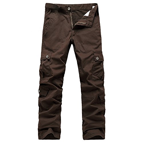 Mens Trousers Multi-Pocket Combat Zipper Cargo Waist Work Casual Pants Jogger Pants in Basic Solid Colors Coffee