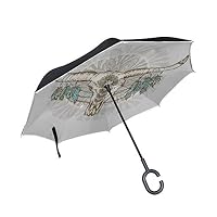 WIEDLKL Double Layer Inverted Fold Up Umbrellas Wild Buffalo Skull Feathers Double Reverse Umbrella Folding Umbrella Lightweight Windproof Uv Protection for Rain with C-Shaped Handle