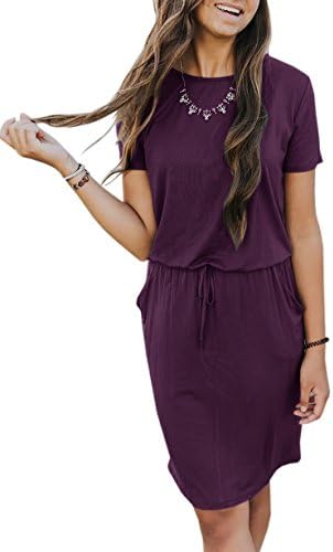 Ashuai Women's Crew Neck Drawstring Waist T Shirt Dress with Pockets