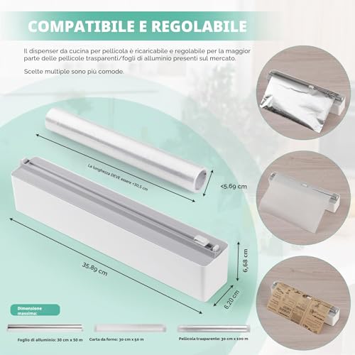 Quasziwa Wall Aluminium and Foil Dispenser – Magnetic Suction Kitchen Film Cutter, Upgrade Paper Dispenser Foil/Aluminium Film with Sharp Cutters, White