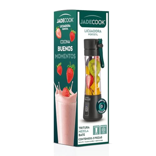 JadeCook Licuadora Portátil Mini Fusion, 45w de Potencia, Recargable Usb C, Capacidad 380ml para Smothies, Batidos, Cuchillas de Acero Inoxidable, Color Negro