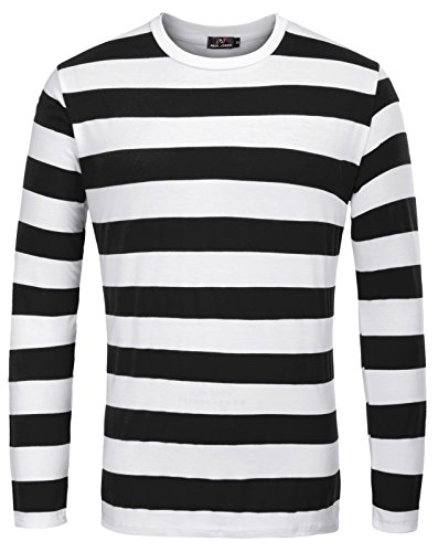 PAUL JONES Men Crew Neck Stripes Pattern Long Sleeves Tee Shirt,Black (Wide Stripe),Medium