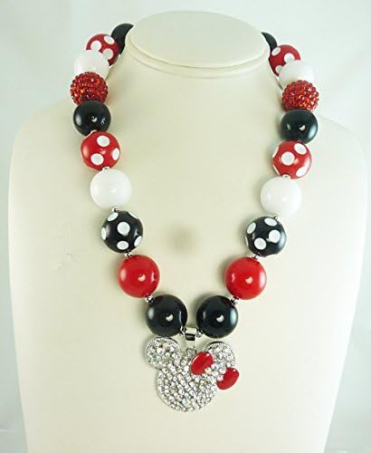 Baby, Toddler Bubblegum Necklace, USA, Girl's Chunky Beaded Neck wear, Infant's Red Minnie Mouse Inspired Pendant, 1st Birthday. Kids Fashion Jewelry, Cake Smash, Disney Vacation.
