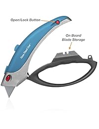 Cortador de caja + cuchilla de utilidad multiusos, retráctil, hoja multiposición, bloqueo para seguridad, 5 cuchillas afiladas con almacenamiento en mango antideslizante, ergonómico, diseño de fácil agarre protege los nudillos.