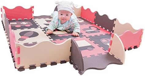 Baby Kid Play Gym Mat with Fence Eva Foam for Tummy Time Crawling Exercise Non Toxic Safety 9 tile 6 to 24 months by AllPlay (Black Red Beige Grey)