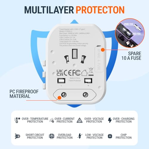 NTPRO Universal Travel Adapter-10A International Travel Adapter with 2 USB-C, 2 USB-A Ports (5-in-1), 5V-3.4A Fast Charging, Worldwide Plug Adapter for USA EU UK AUS, 2400W Max, Covers 200+ Countries