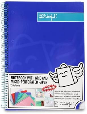 - A4 Blue Notebook - 240 páginas em grelha microperfurada - capa dura extra - moldura em espiral - inclui autocolantes