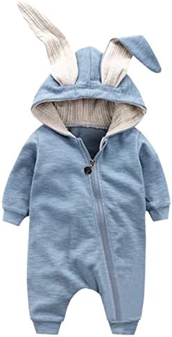 Unisex Baby Hoodie Playsuit Jumpsuit Romper Bodysuit Onesie Outfit Outwear with Cute Rabbit Ears for Girls or Boys, Blue, Tag 66 = 3-6 Months