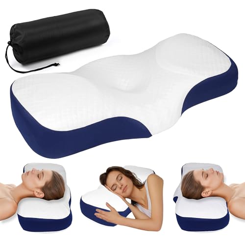 Memory Foam Neck Pillow, Ergonomic Cervical Sleeping Neck Pillow, Neck Support Pillow for Shoulder and Neck Pain Relief, Orthopedic Pillow for Side Sleeping with Washable Cover (a-Navy Blue)