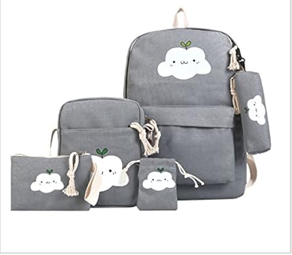 antifiction Combo Set of Grey Canvas Girls Backpack, Sling Bag, Purse, Pencil Pouch, Potli