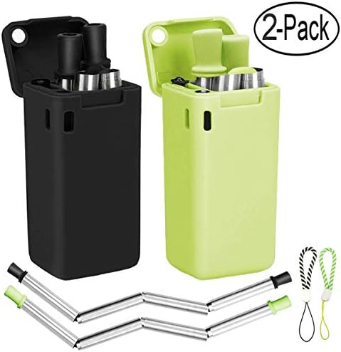 2 Pack Collapsible Straw Reusable Stainless Steel Foldable Drinking Straws Keychain Final Folding Premium Food-grade Portable Set with Hard Case Holder Cleaning Brush (Black & Green)