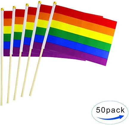 LoveVC Rainbow Gay Pride Stick Flag,50 Pack Hand Held Small LGBT Flags Banners With Wood Stick,Decorations Supplies For Mardi Gras,Gay Pride,Rainbow Pride Party,Festival Events Celebrations