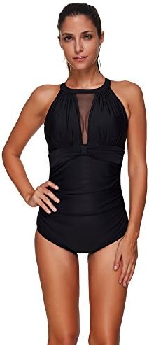 Sanyes Women One Piece High Neck V-Neckline Bathing Suits Mesh Ruched Monokini Swimwear SYYY1384-Black-M
