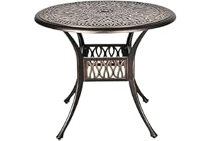 Grepatio 35.4" Round Cast Aluminum Patio Bistro Table, Outdoor Dining Table with 2” Umbrella Hole, Outdoor Side Table for Porch, Backyard, Garden, Balcony