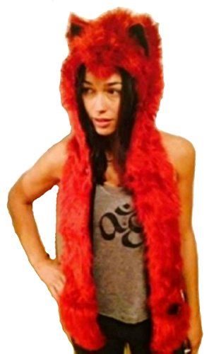 Animal Hood Faux Fur with Zipper Pocket Anime Hat with Warm Scarf Mittens Hats Ears and Paws Spirit Hoodie Hoods (Red Wolf)