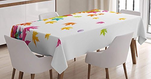 Happy Sunday Cotton Linen Colorful Tablecloth, Falling Autumn Leaves Border Natural Artistic Soft Colored Seasonal Illustration, Dining Room Kitchen Rectangular Table Cover, Multicolor60 x 60inches