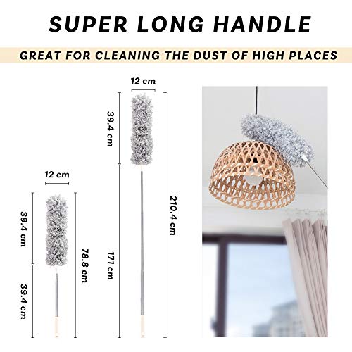 HAKACC Staubwedel Teleskop, Mikrofasern Staubwischer 2 Graue Mikrofaserköpfe mit 1 Edelstahl Teleskopstange Staubdesen Entfernt Staub Spinnweben Extra Lang 78.8-210 cm