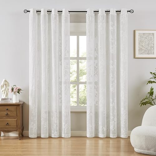 Treatmentex Sheer Curtains with Eyelets, Set of 2 Modern Curtains with Leaf Print, White Curtains for Living Room, Bedroom and Dining Room, 140 x 245 cm