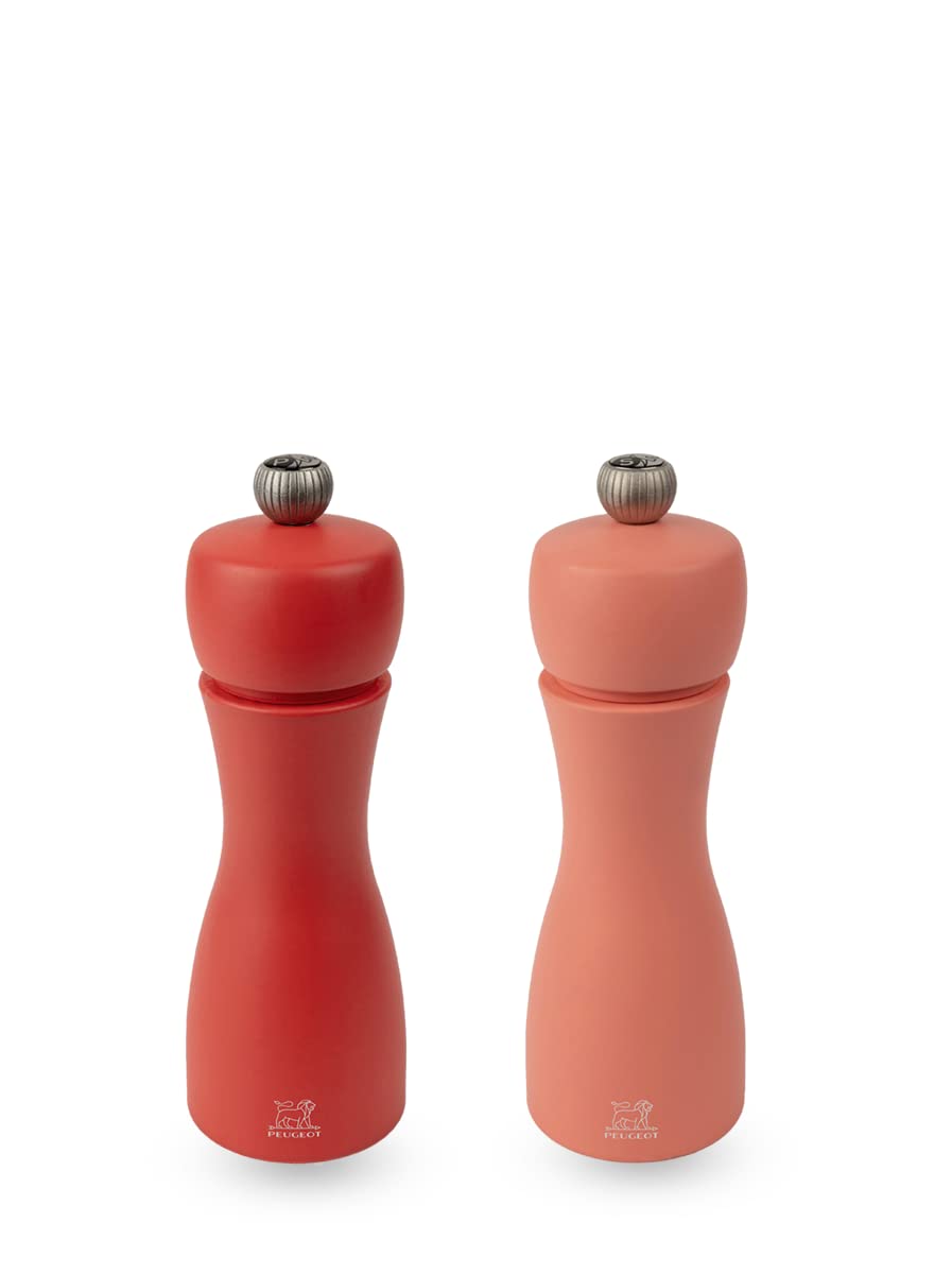 Peugeot Saveurs Peugeot Duo Tahiti Fire Pepper Mill + Salt Mill 15 cm - Black Pepper and Stone Salt Included - Classic Adjustment - PEFC Certified Wood - Made in France - Red Brick and Flame