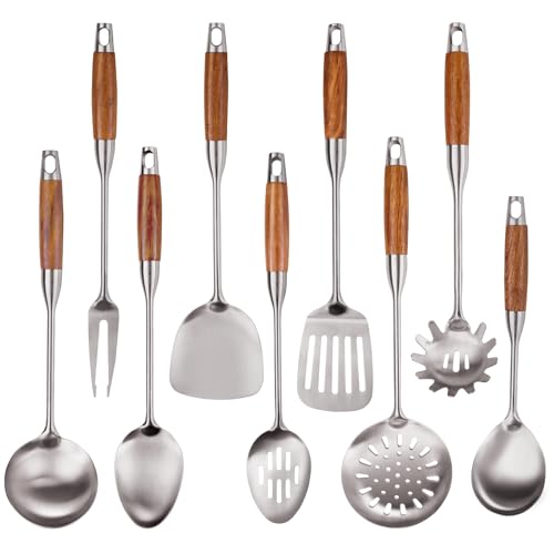 9 PCS 304 Stainless Steel Kitchen Cooking Utensils set with Wooden Handle, Metal Kitchen Utensils Set, Large Heat Resistant Wooden Handle Kitchen Tools, Stainless Steel Wok Spatula