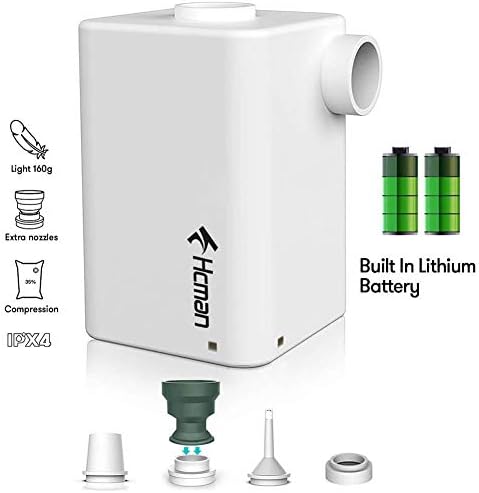 Hcman Battery Air Pump Rechargeable for Inflatables Air Mattress Beds Portable Electric Pump, Built in 3600mAh, Inflator/Deflator Pumps with 4 Nozzles for Paddling Pool, Inflatable Pools