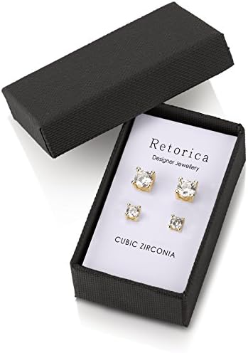 Retorica Cubic Zirconia Crystal Earrings - 18K Gold-Plated Stud Crystal Earrings Set (6mm + 4mm)