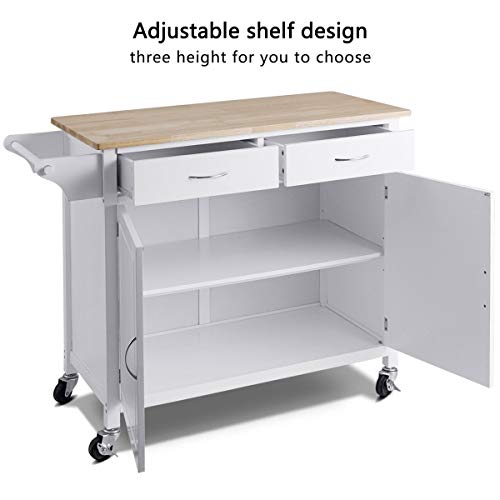 WATERJOY Rolling Kitchen Buffet Cart, Wood Utility Kitchen Storage Island Cart with Wood Top, Antique White(43" x 19.5" x 35.5")