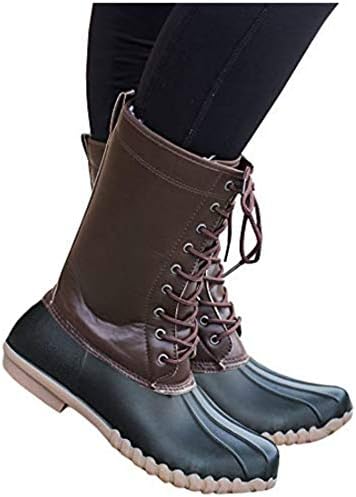 Liyuandian Womens Lace Up Duck Boots Waterproof Two Tone Combat Calf Rain Shoes