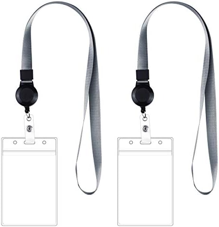 Lanyard with Retractable Badge Reel&Waterproof ID Card Holder, Colorful Durable Lanyard with Badge ID Card Holder for School or Office (Gray, 2 Pack)