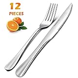 12-Piece Steak Knife and Fork Set, Elegant Life Stainless Steel Cutlery set, Fine Polished Prongs and Serrated Blade Tableware (Silver)