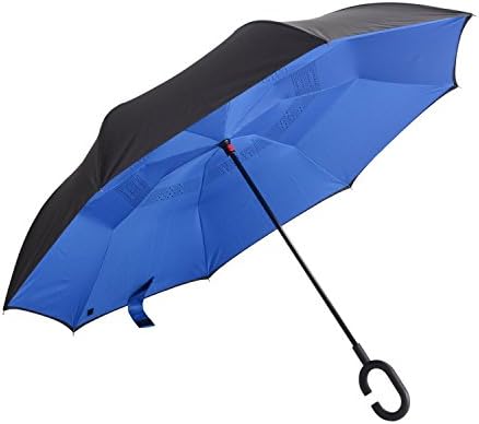 Hemoo Double Layer Inverted Umbrella Reverse Umbrella 42.5'' Canopy Windproof With Hand Free C-Shaped Handle (Blue)