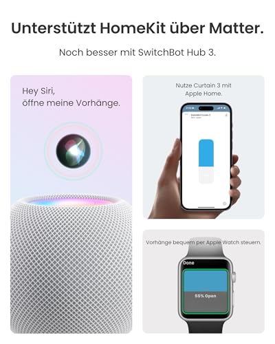 SwitchBot Smart Automatischer Vorhangöffner - Bluetooth Fernbedienung mit App/Timer, Aufgerüsteter Hochleistungsmotor, Kompatibel mit Matter/HomeKit (SwitchBot Hub 2 erforderlich) (Curtain 3, Rod)