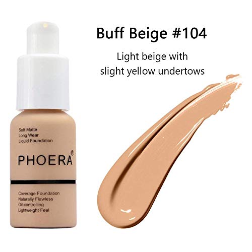 Liquid Concealer,PHOERA Matte Oil Control Concealer Foundation Cream,Long Lasting Waterproof Matte Liquid Foundation-30ml (104# Buff Beige) - Thumbnail 5