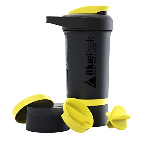 BluePeak Stacker Protein Shaker Bottle 22-Ounce, 2-Pack ProStak. Attachable Storage Containers (100 & 150cc) and Pill Tray Included. BPA Free (Black &Yellow)