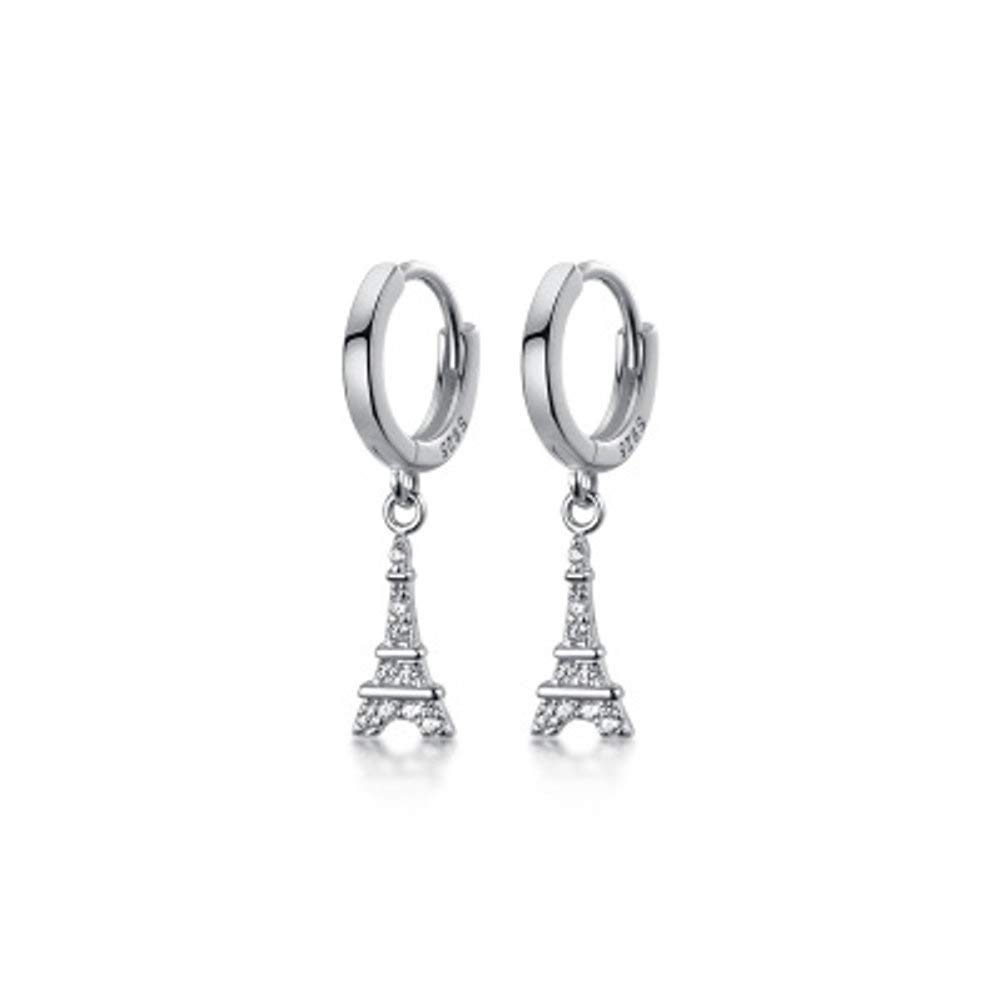 Fashion Eiffel Tower Dangle Drop Hoop Earrings S925 Sterling Silver Cubic Zirconia Crystal Dangling Charm Round Huggie Hoops Earring 10mm Studs Cute Jewelry Gifts for Women Girls Sensitive Ears