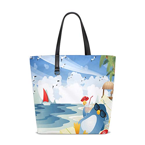 Penguin Relaxing On The Beach Tote Bag Purse Handbag Womens Gym Yoga Bags for Girls