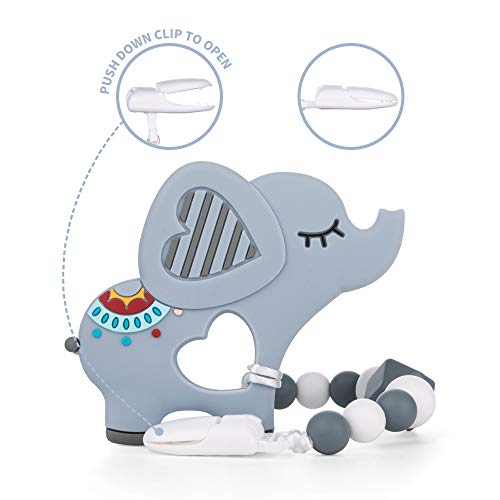 AmazingM Baby Teething Toys,Food Grade Silicone Elephant Teether Toy with Pacifier Clip Holder Set for Newborn Babies,BPA Free,Freezer Safe (Grey)